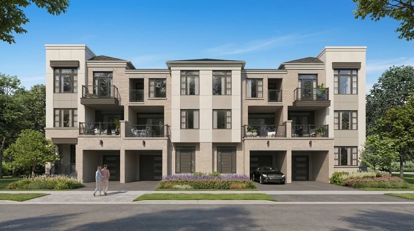 Light-toned townhome façades and balconies — artist’s rendering